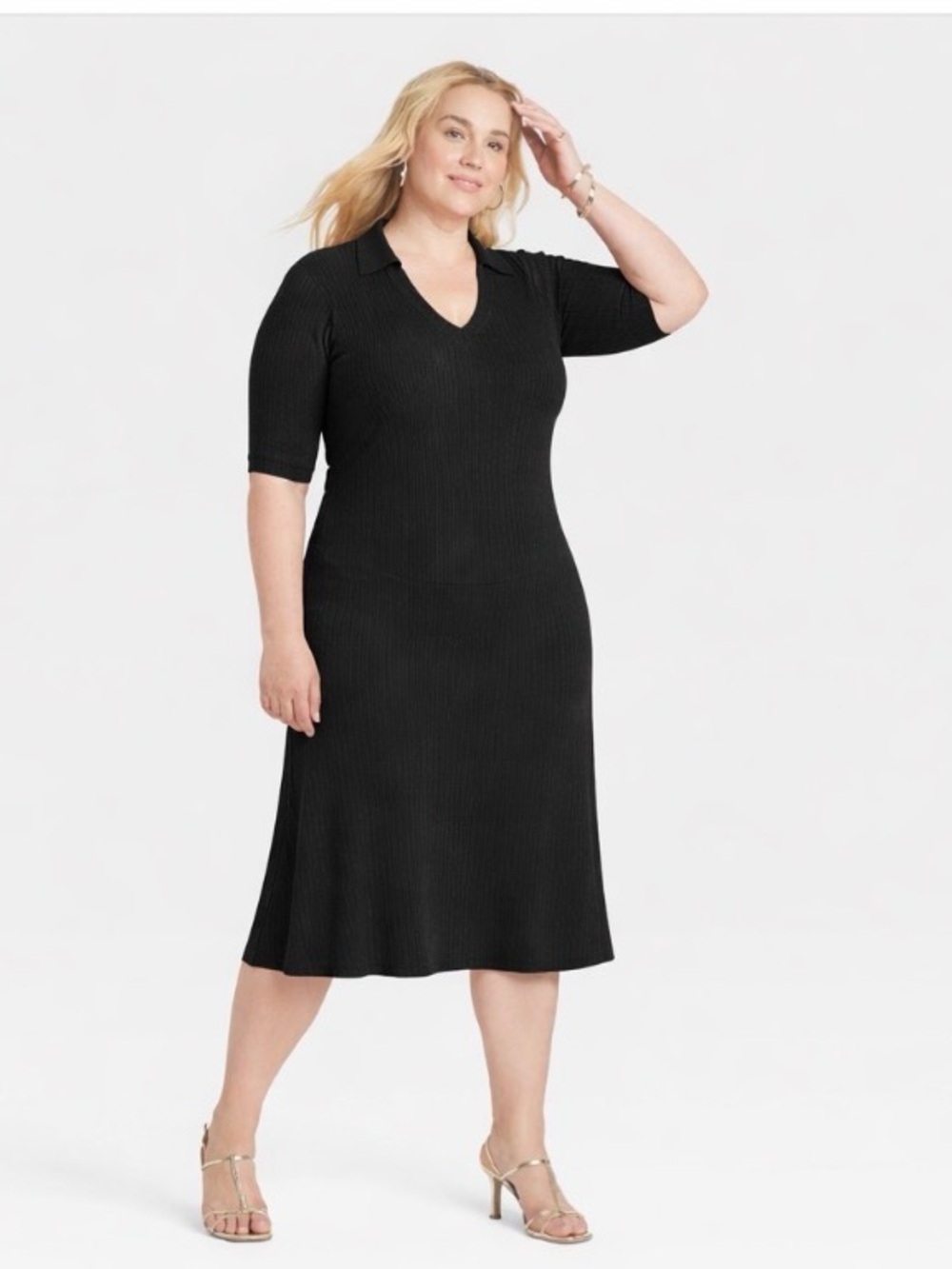 Ava & Viv Black Ribbed V-Neck Midi Dress with Collar